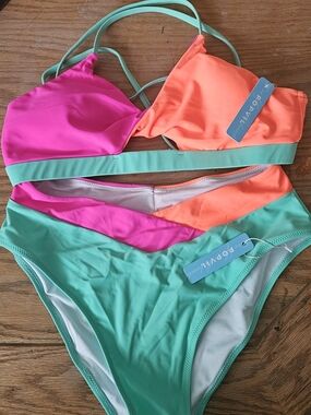 NWT- Popvil Colorblock Bikini Set - Pink, Orange, Teal- Sz Lg